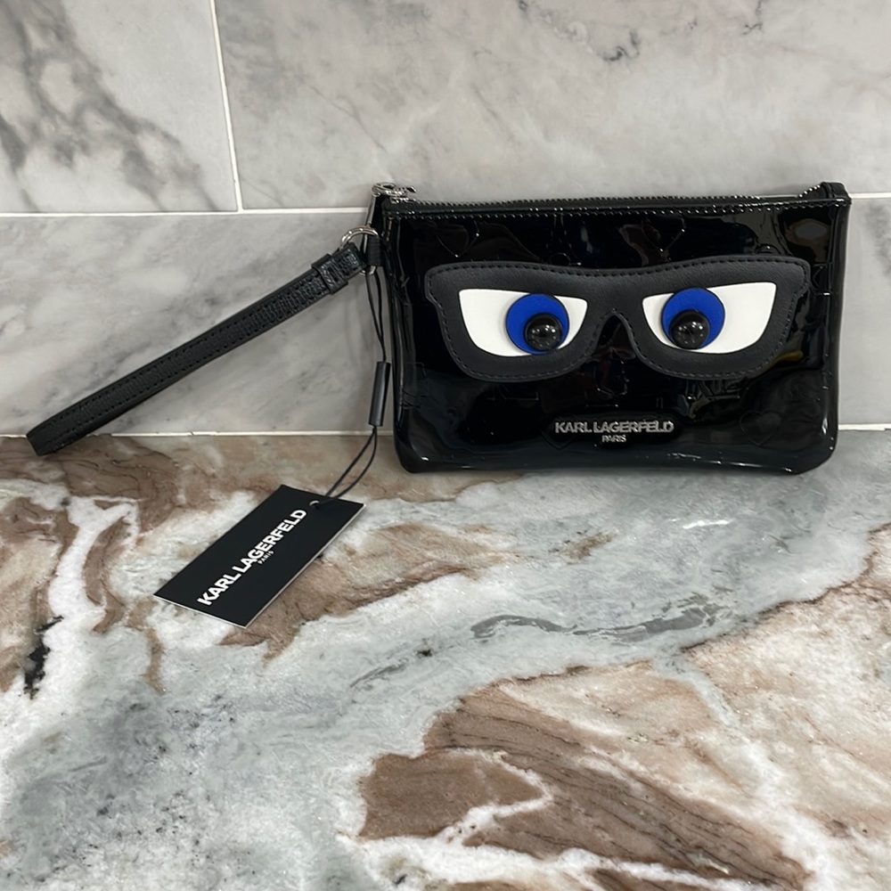 BNWT Karl Lagerfeld Wristlet Maybelle Wallet With Embossed Eyes & Glasses
